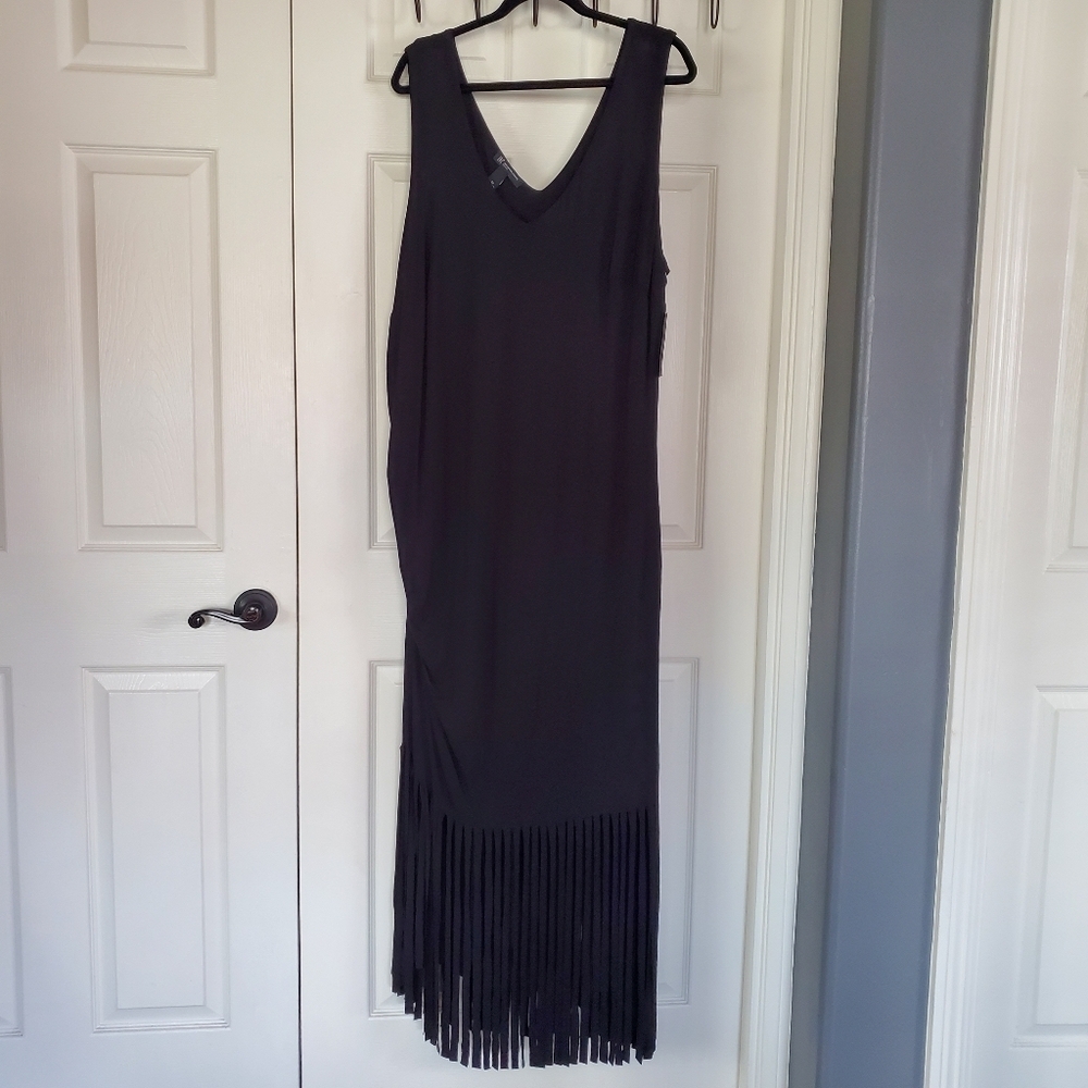 INC‎ Black Deep V-neck Maxi Dress Fringe Pullover Sleeveless Art Expressions 3X